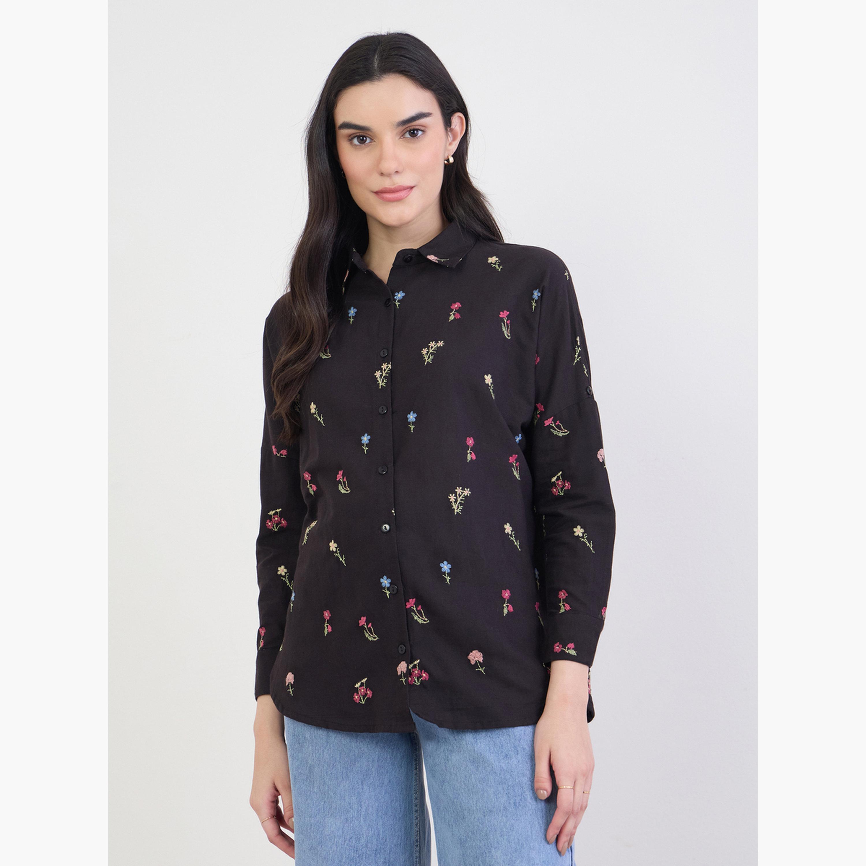 Styli Women Black Embroidered Long Sleeve Shirt-women-clothing-shirtsandblouses-shirts-image-1