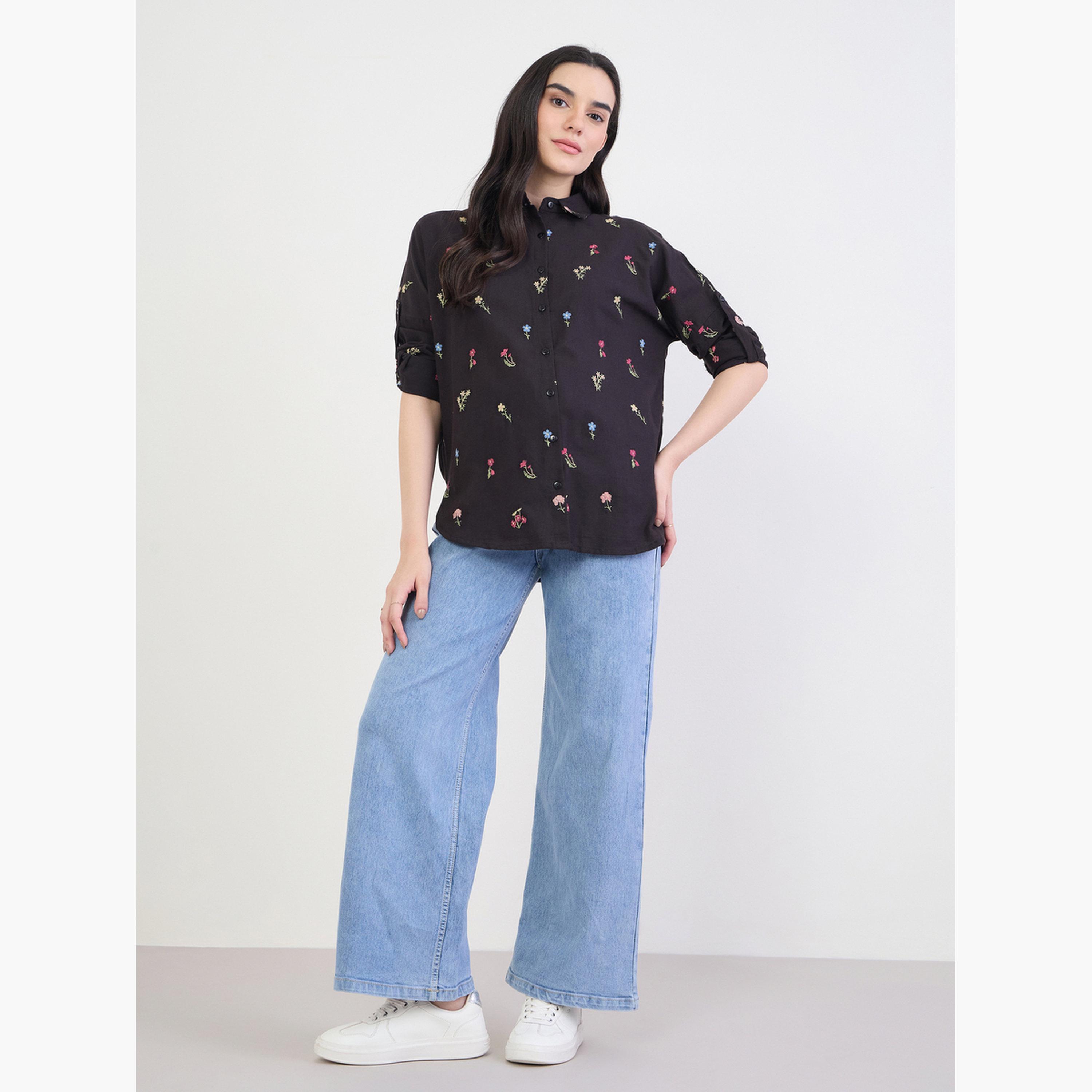 Styli Women Black Embroidered Long Sleeve Shirt-women-clothing-shirtsandblouses-shirts-image-2