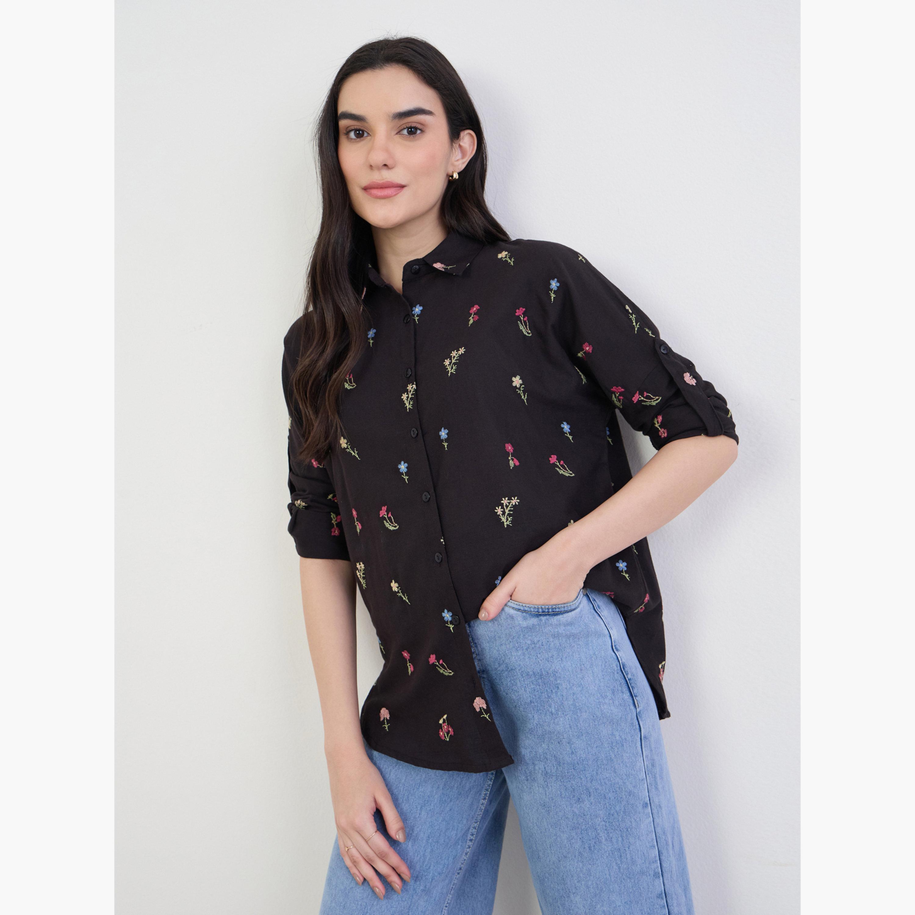 Styli Women Black Embroidered Long Sleeve Shirt-women-clothing-shirtsandblouses-shirts-image-5