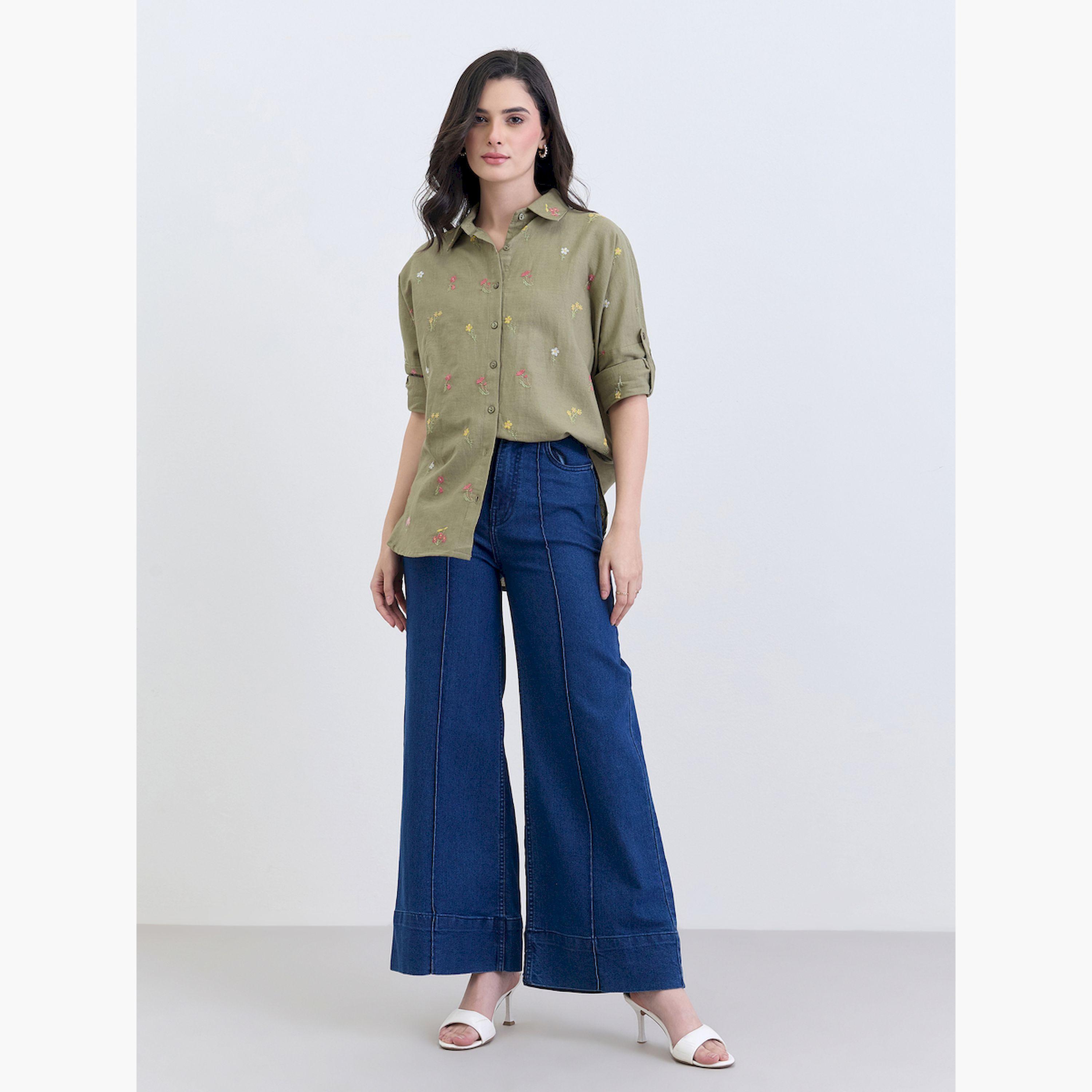 Styli Women Olive Embroidered Long Sleeve Shirt-women-clothing-shirtsandblouses-shirts-image-2