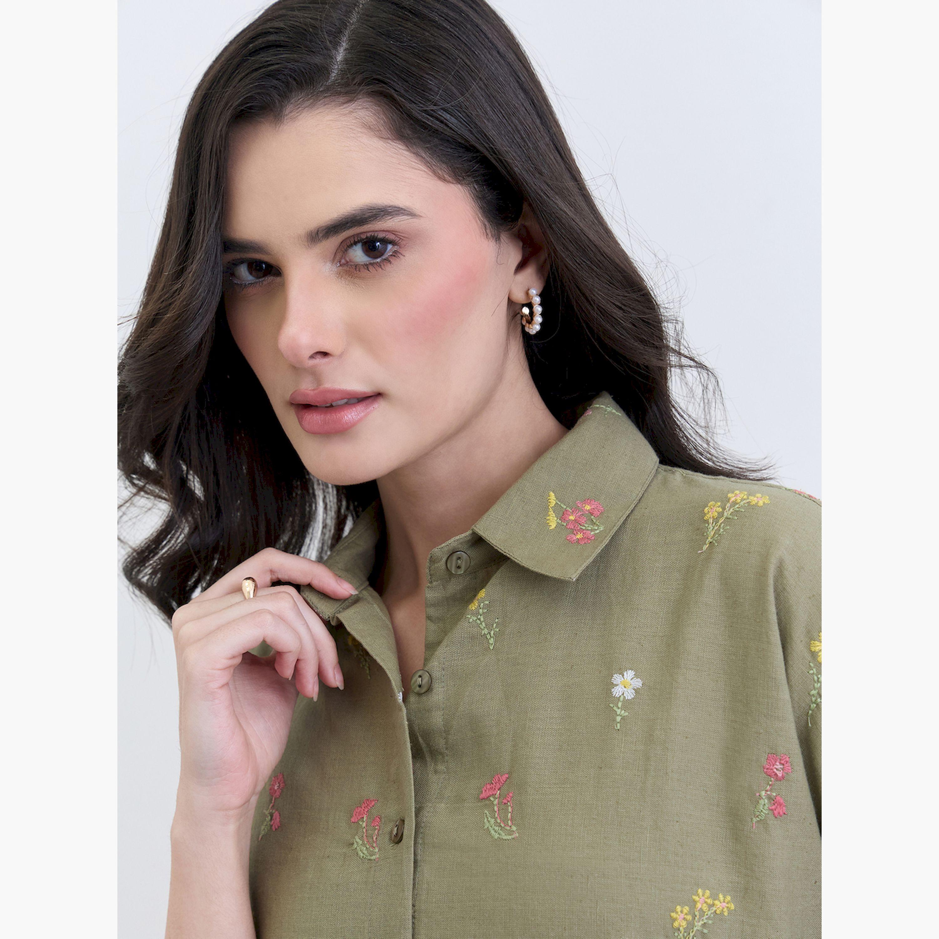 Styli Women Olive Embroidered Long Sleeve Shirt-women-clothing-shirtsandblouses-shirts-image-3