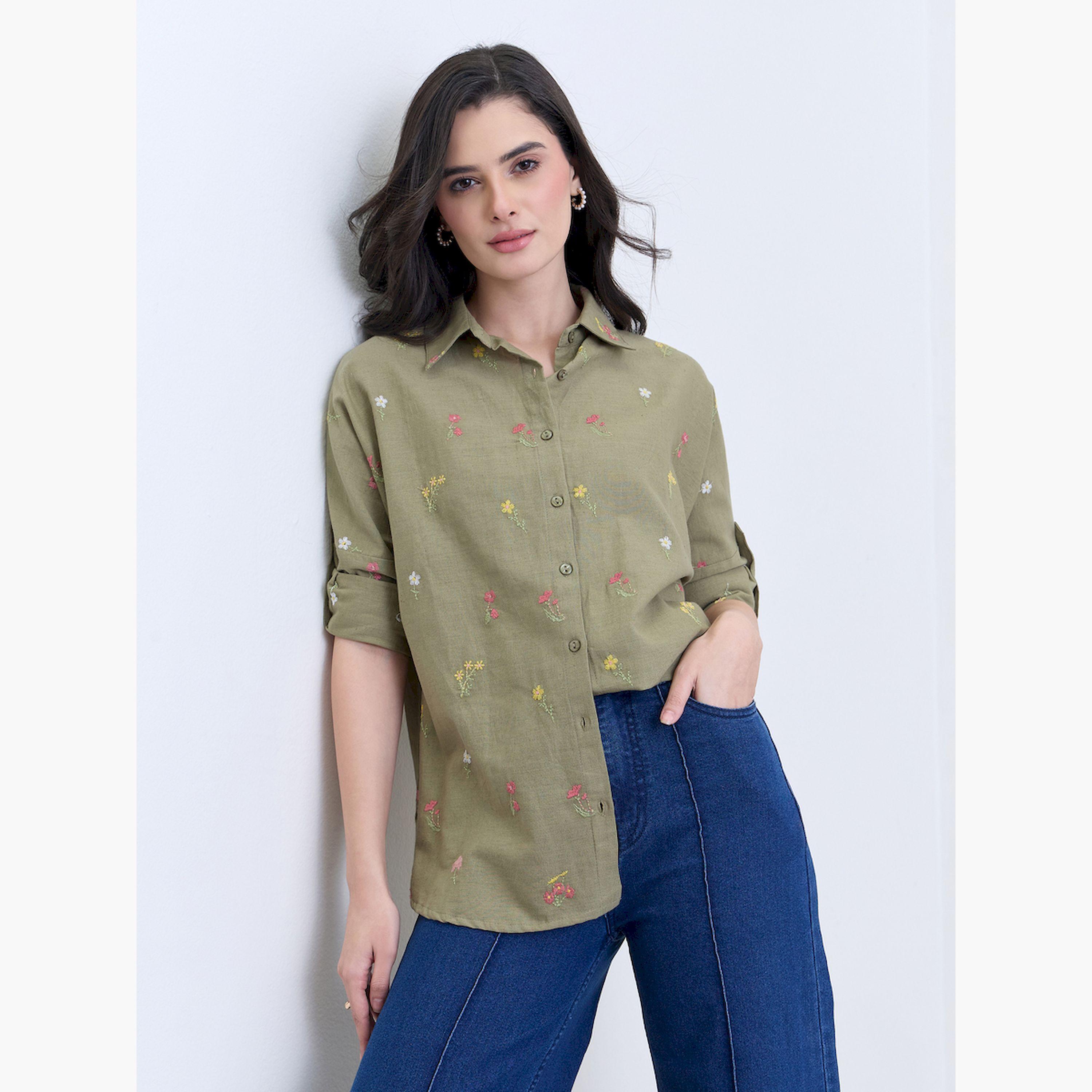 Styli Women Olive Embroidered Long Sleeve Shirt-women-clothing-shirtsandblouses-shirts-image-5