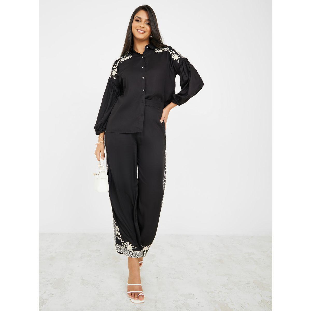 Styli Embroidered Rayon Twill Shirt and Flared Pant Co-Ords Set-women-clothing-coordsets-image-1