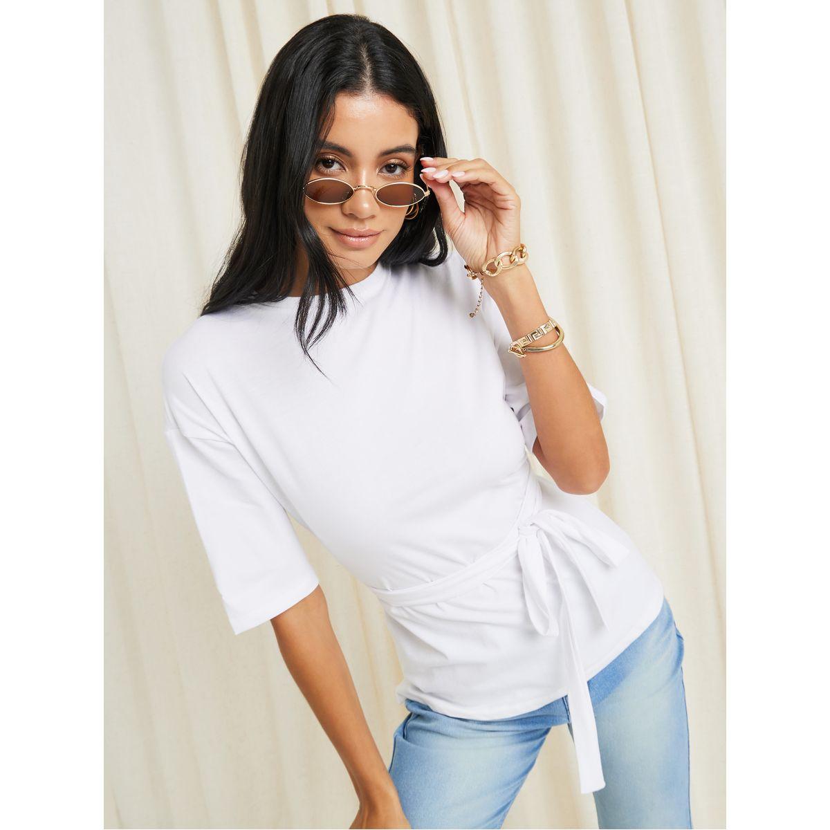 Styli Oversized Drop Shoulder Cotton Self Belt Regular Length T-shirt-women-clothing-tshirts-image-1