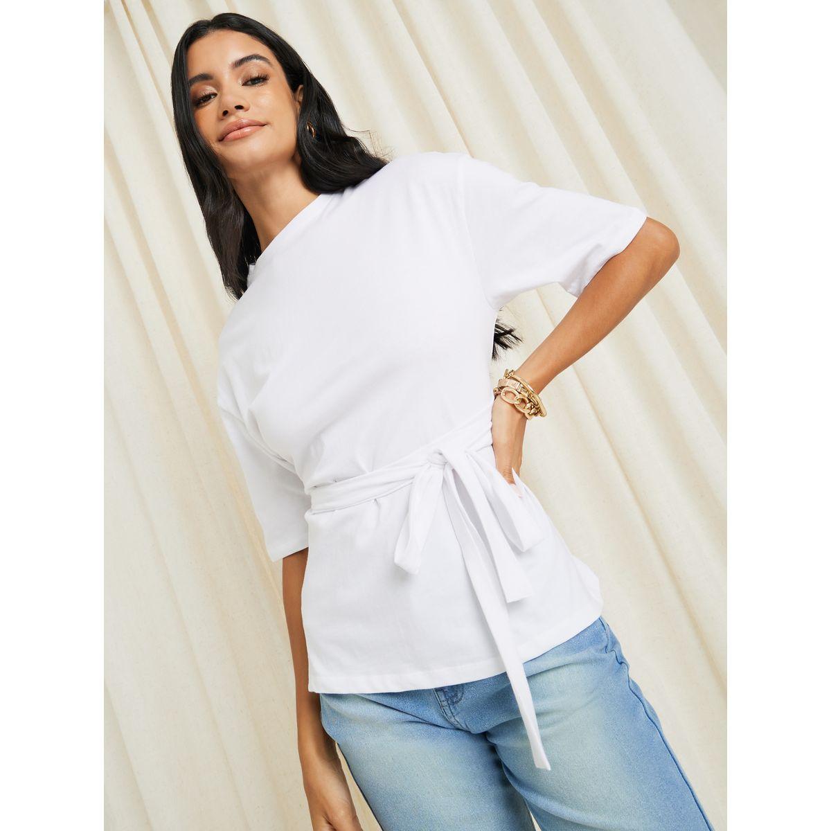 Styli Oversized Drop Shoulder Cotton Self Belt Regular Length T-shirt-women-clothing-tshirts-image-4