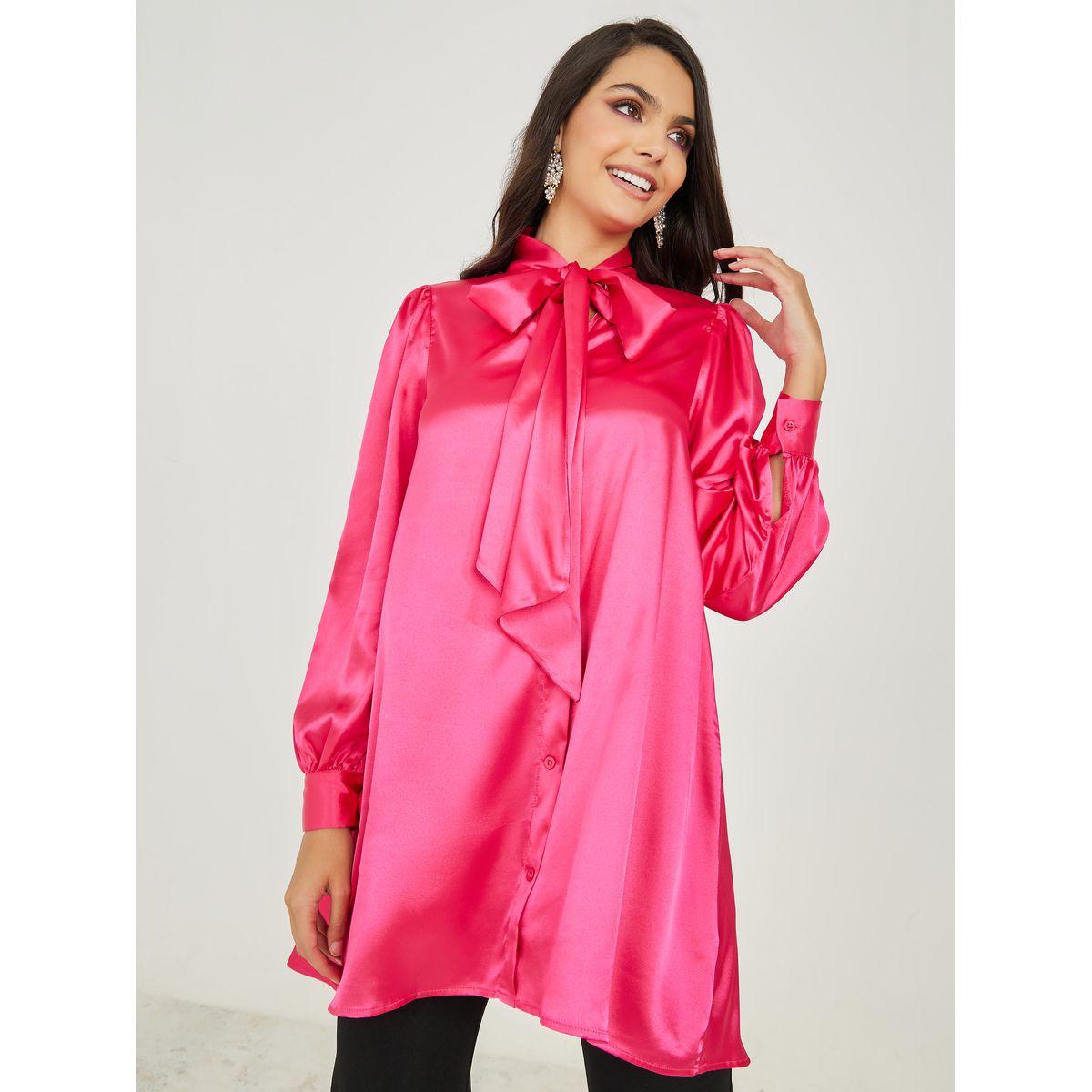 Styli Tie-Up Neck Satin Longline Tunic-women-clothing-shirtsandblouses-blouses-image-1