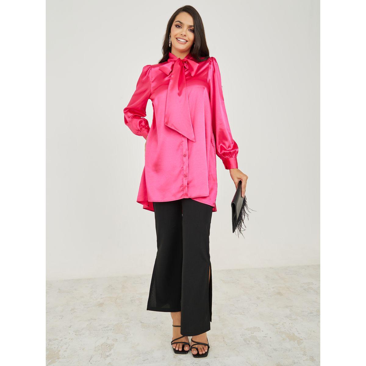 بلوزة طويلة ساتان بياقة بأربطة-women-clothing-shirtsandblouses-blouses-image-2