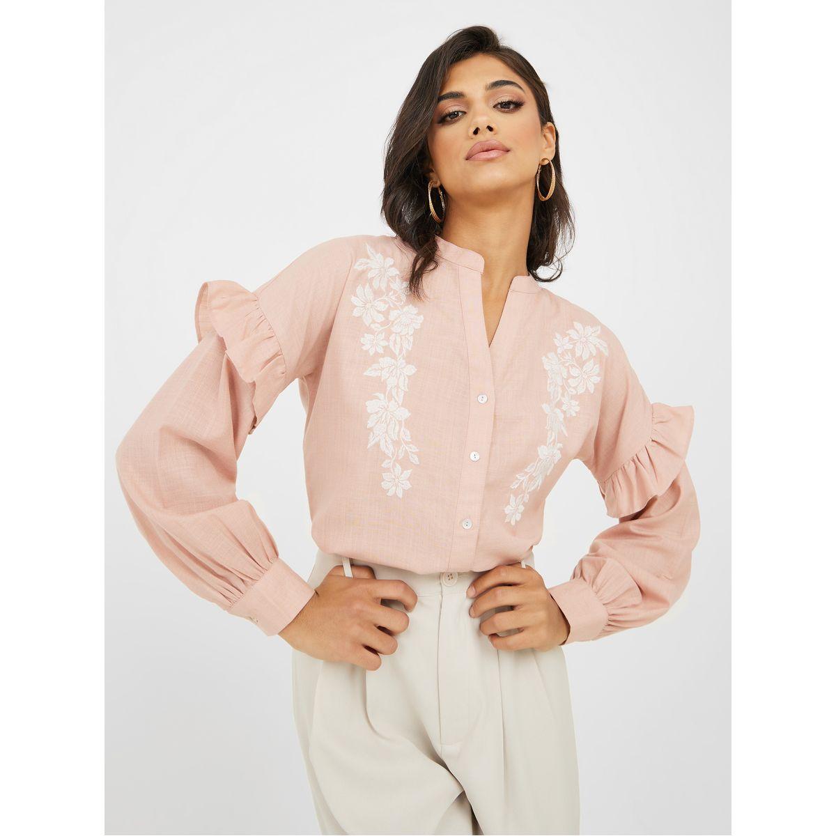بلوزة بياقة ماندارين ومزينة بكشكش-women-clothing-shirtsandblouses-shirts-image-1