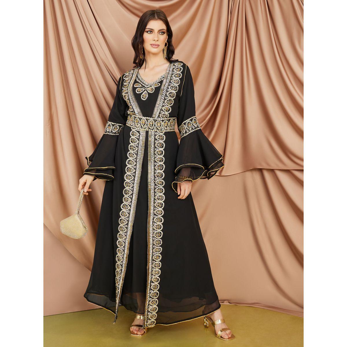 قفطان بتفاصيل مطرزة واكمام جرس-women-arabicclothing-kaftan-image-1