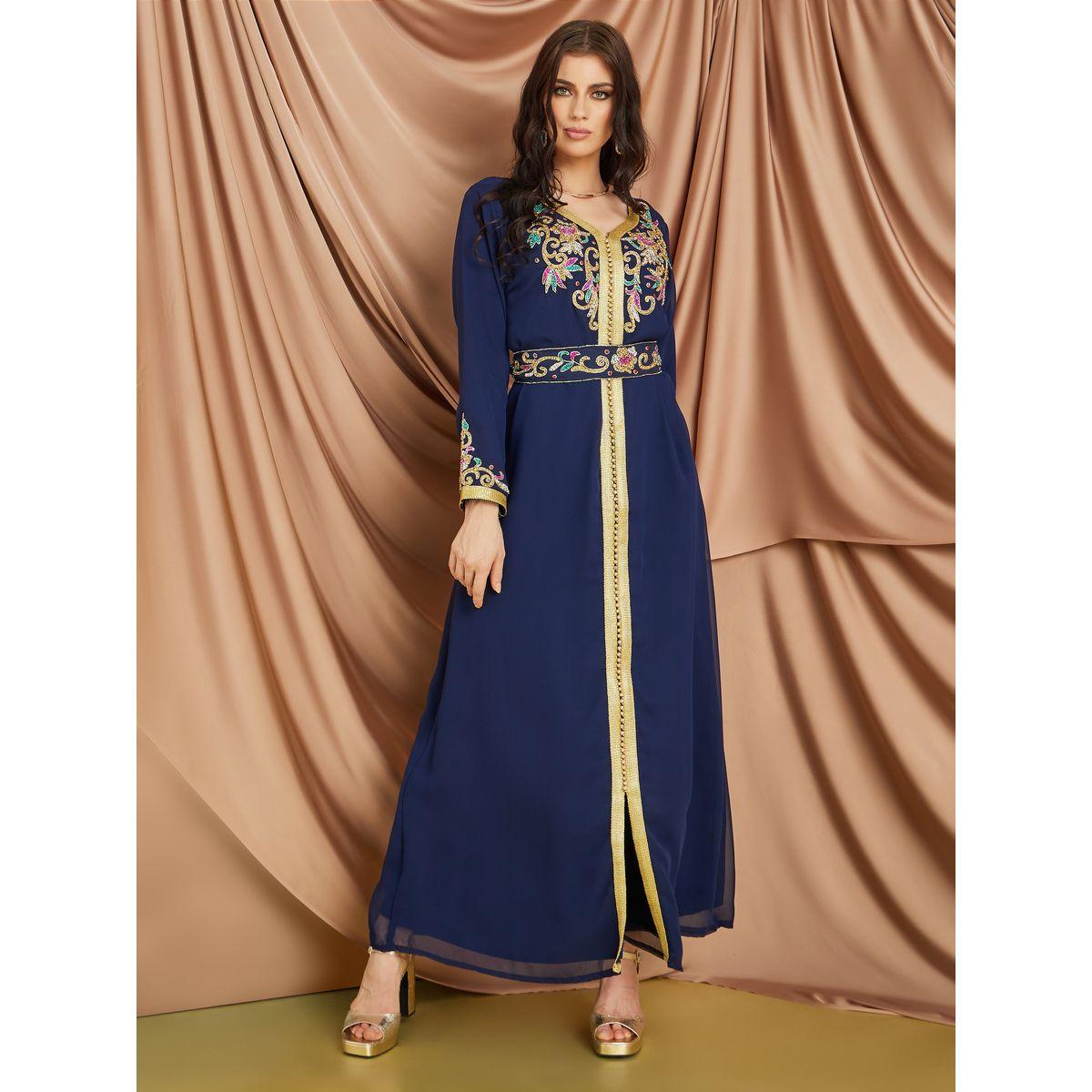 Styli Handwork Neckline Kaftan with Tie Belt-women-arabicclothing-kaftan-image-1