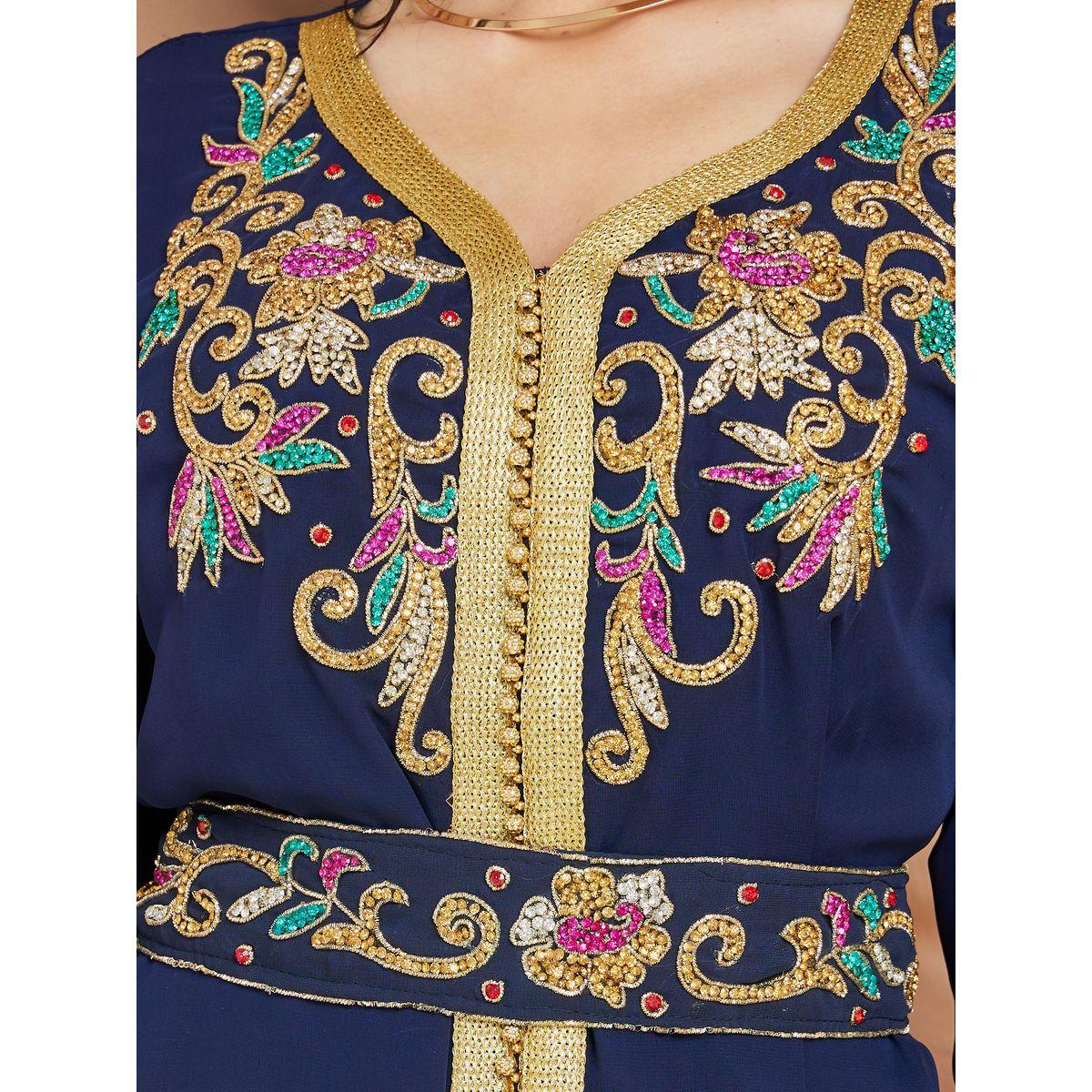 Styli Handwork Neckline Kaftan with Tie Belt-women-arabicclothing-kaftan-image-3