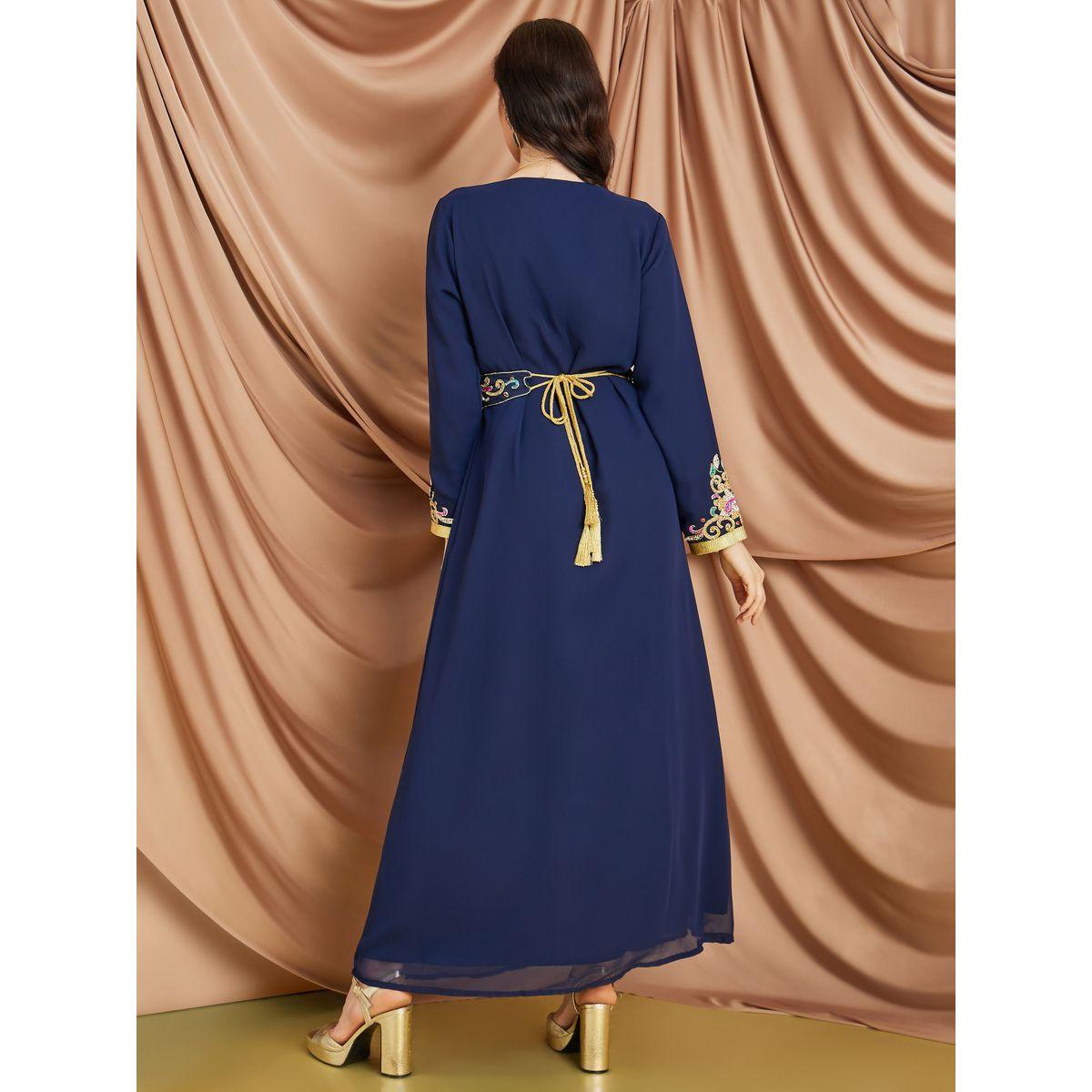 Styli Handwork Neckline Kaftan with Tie Belt-women-arabicclothing-kaftan-image-4