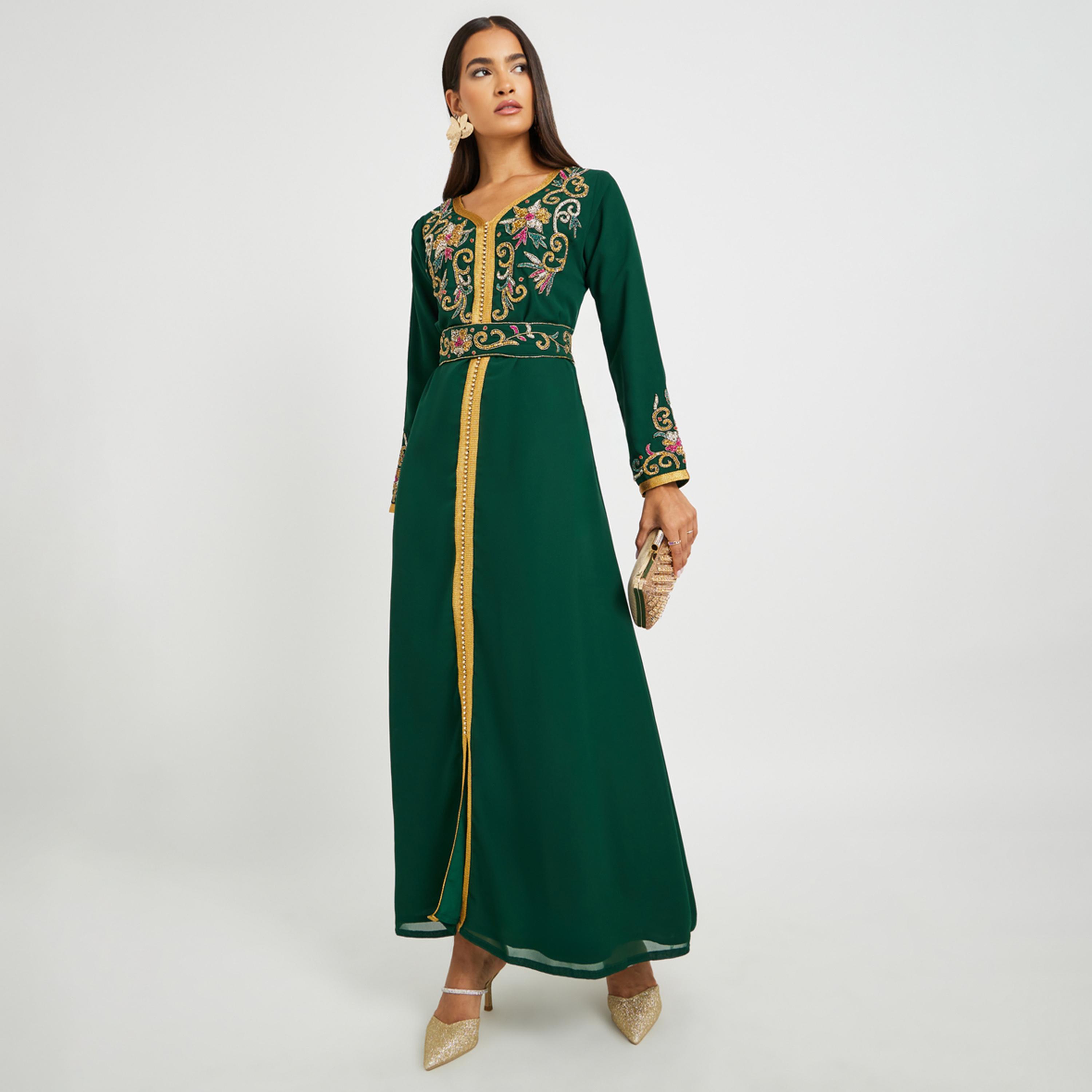 Styli Handwork Neckline Jalabiya with Tie Belt-women-arabicclothing-kaftan-image-1