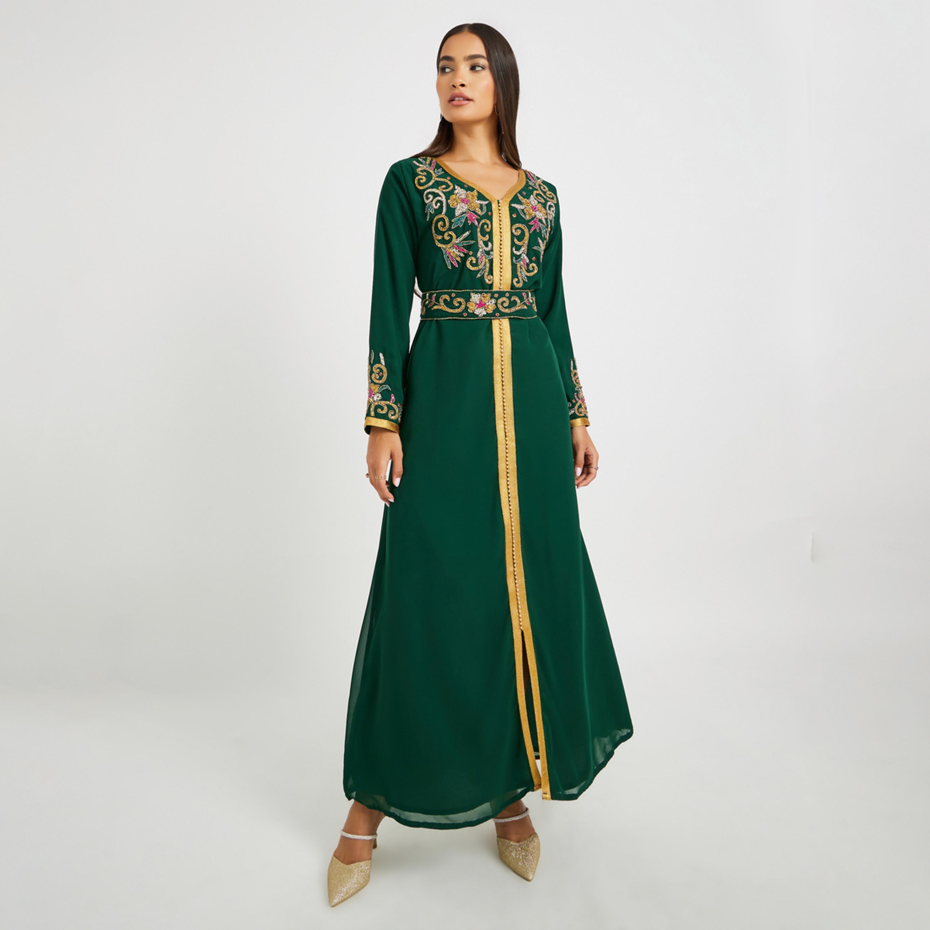Styli Handwork Neckline Jalabiya with Tie Belt-women-arabicclothing-kaftan-image-2