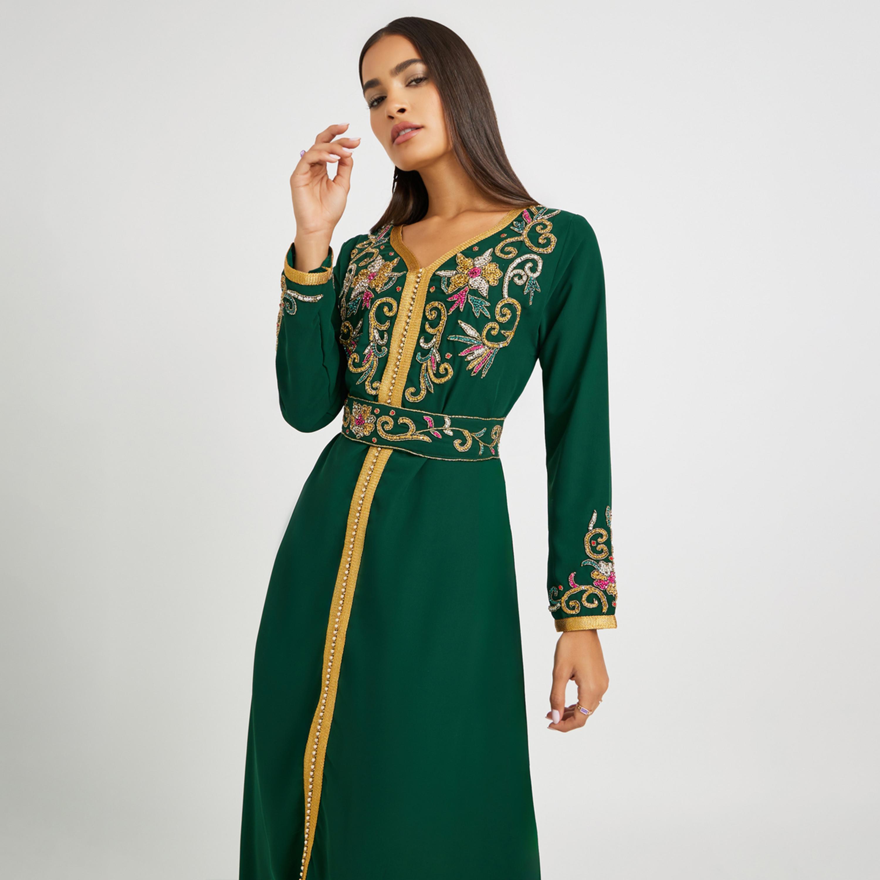 Styli Handwork Neckline Jalabiya with Tie Belt-women-arabicclothing-kaftan-image-3