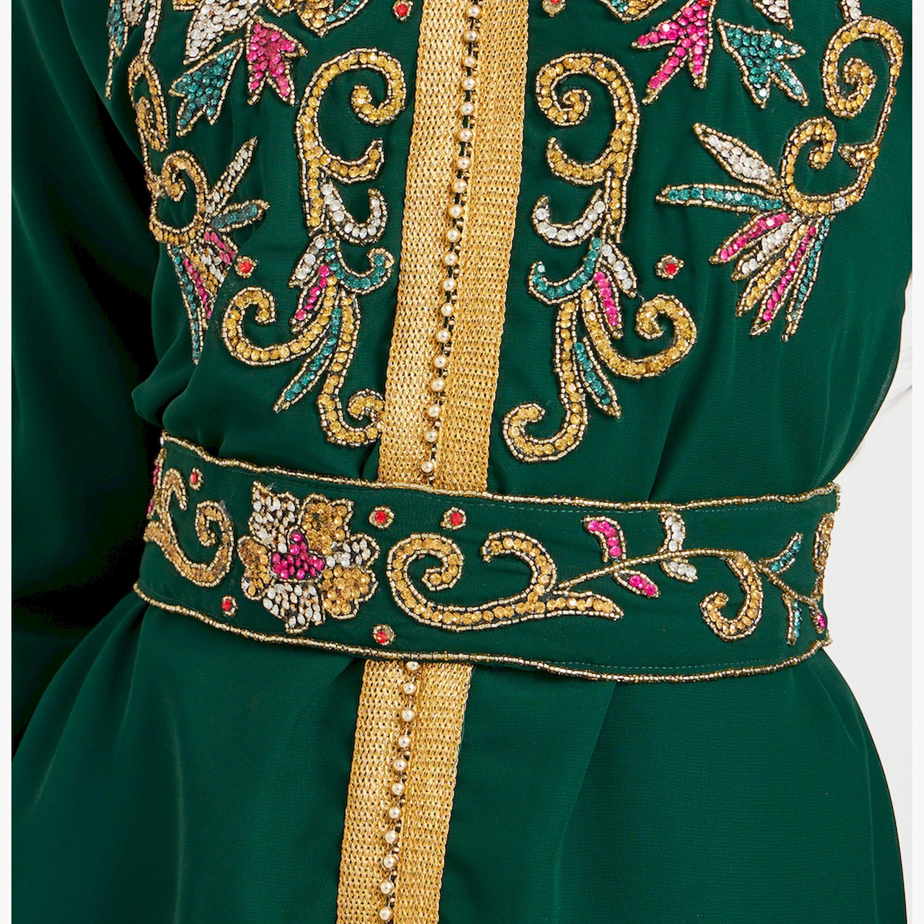 Styli Handwork Neckline Jalabiya with Tie Belt-women-arabicclothing-kaftan-image-4
