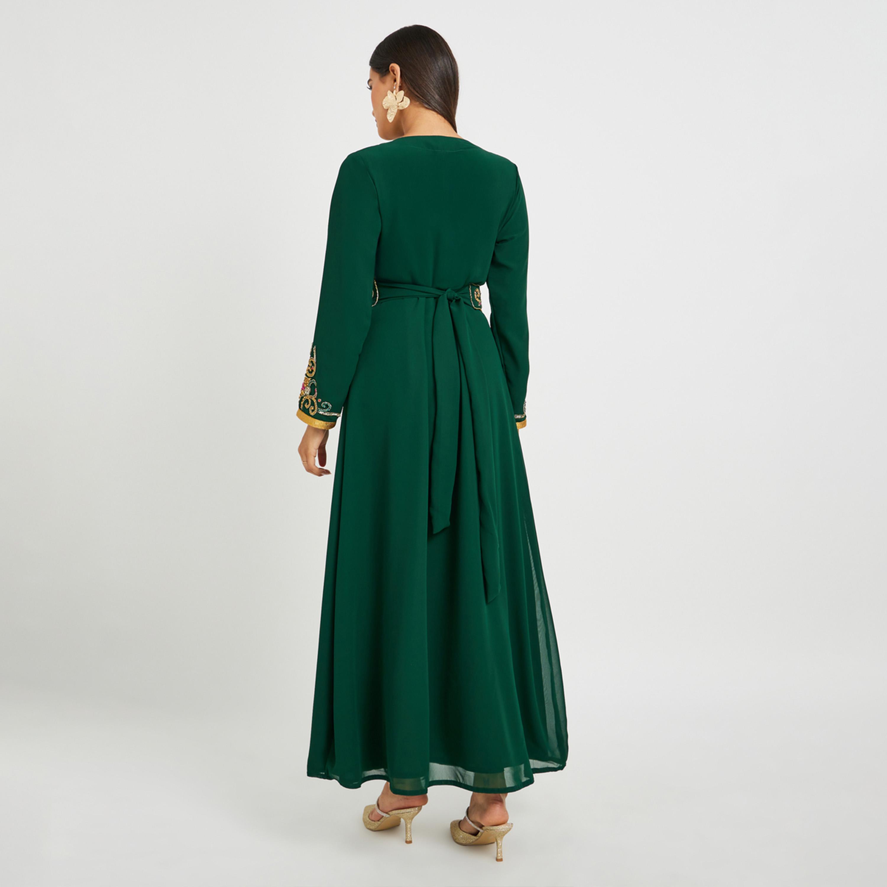 Styli Handwork Neckline Jalabiya with Tie Belt-women-arabicclothing-kaftan-image-5