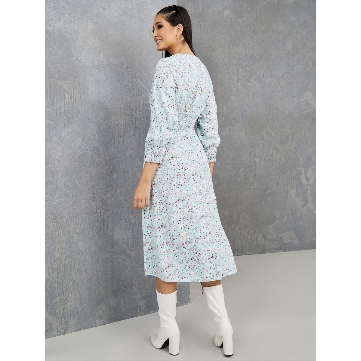 Styli Floral Print Smocked Detail Long Sleeves Midi Dress-women-clothing-dresses-image-4