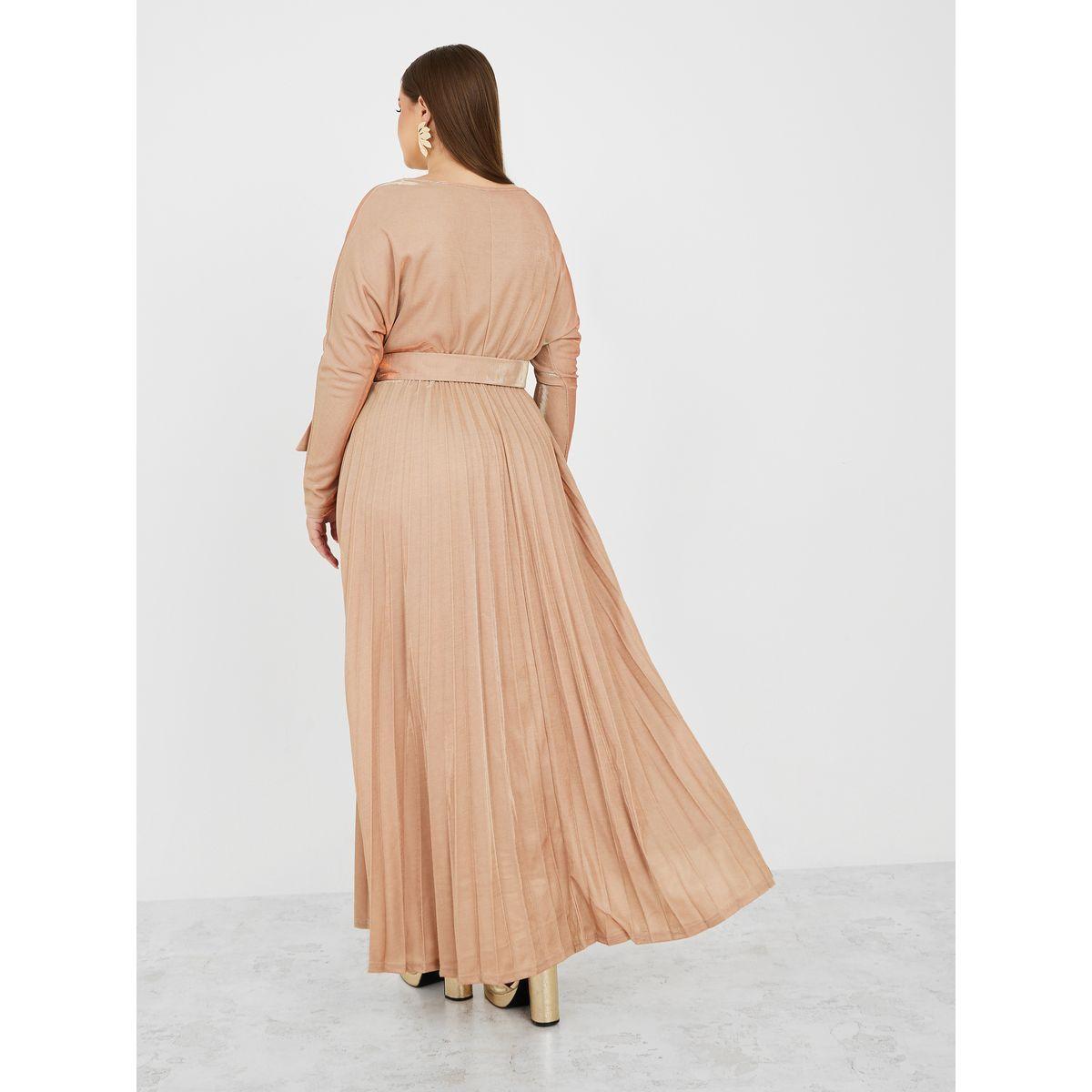 Styli Plus Pleated A-Line Maxi Dress with Belt-women-clothing-dresses-image-4