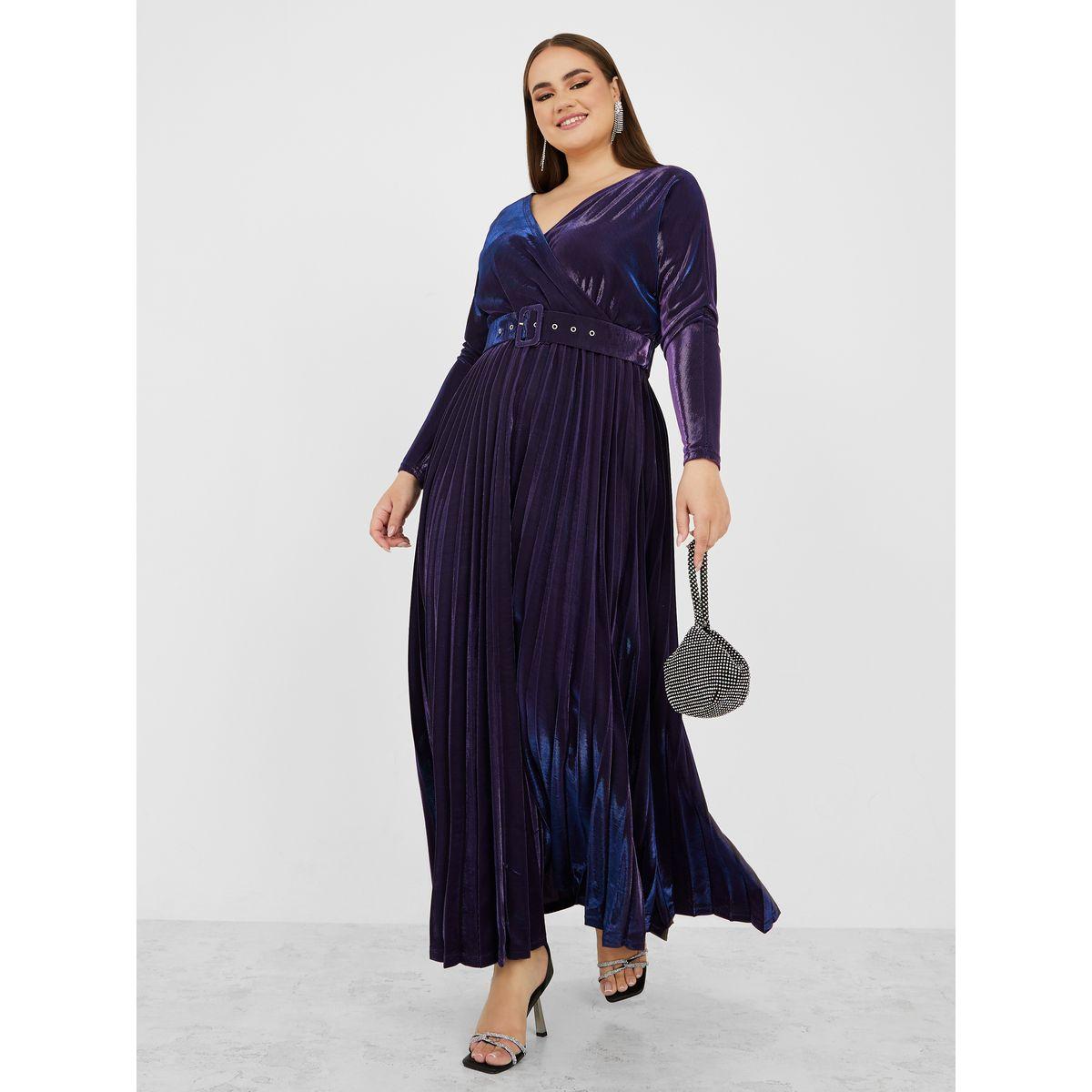 فستان طويل بكسرات وحزام خصر-women-clothing-dresses-image-1