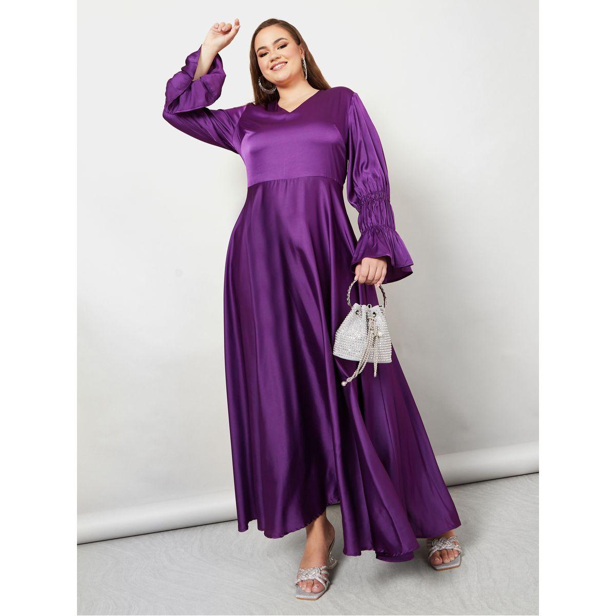 فستان طويل ساتان باكمام بكسرات-women-clothing-dresses-image-1