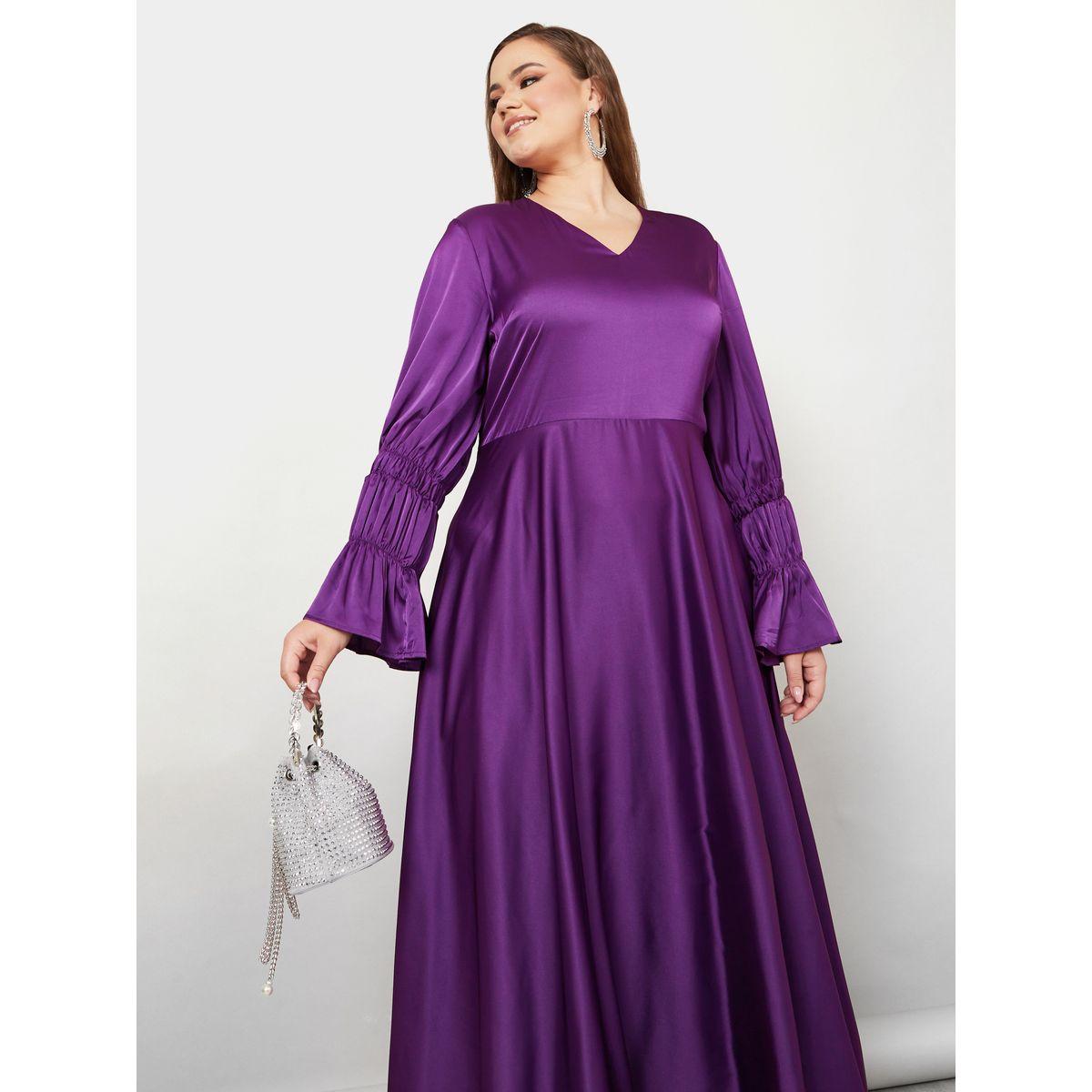فستان طويل ساتان باكمام بكسرات-women-clothing-dresses-image-2