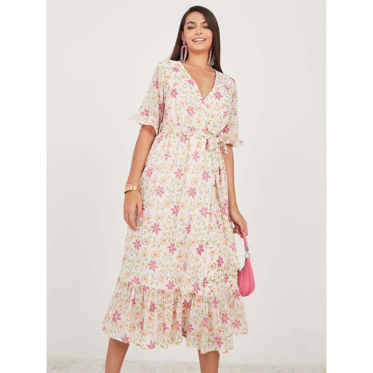 Styli Embellished Floral Print Midi Dress with Self Tie Up-women-clothing-dresses-image-2