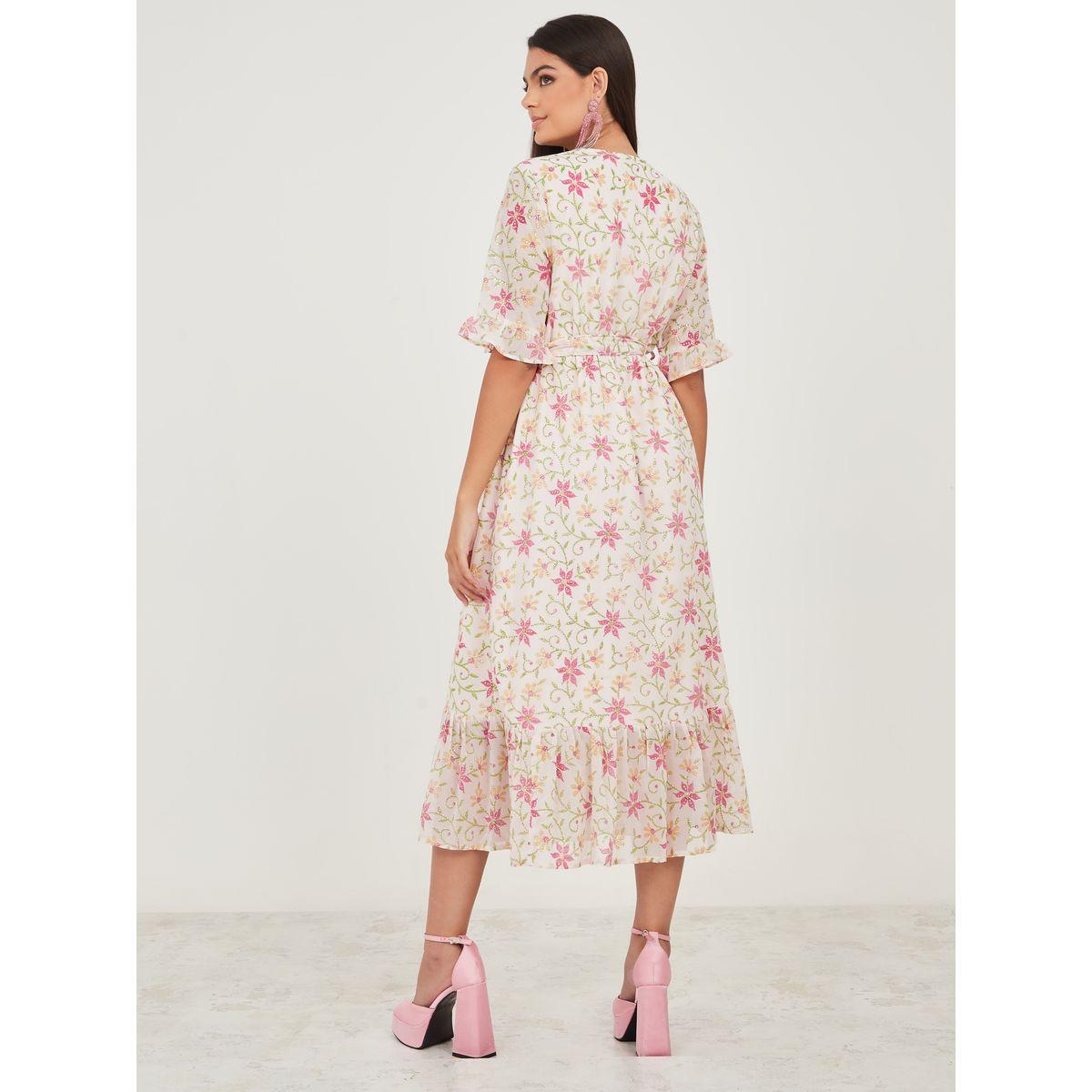 Styli Embellished Floral Print Midi Dress with Self Tie Up-women-clothing-dresses-image-4