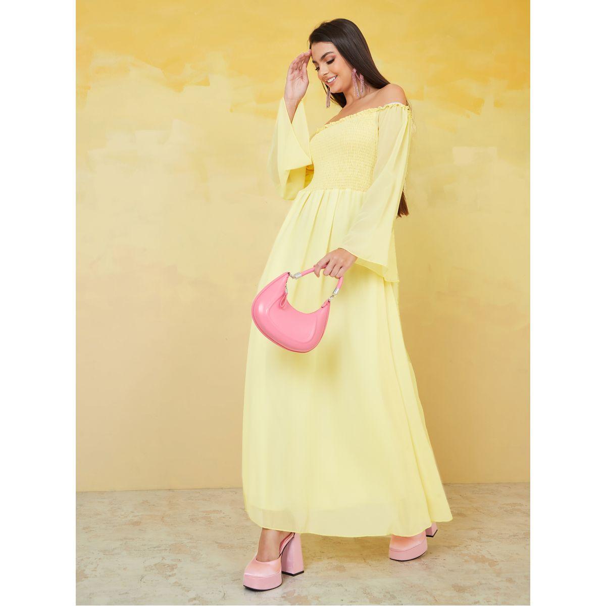 Styli Off Shoulder Shirred Bell Sleeve Chiffon Maxi Dress-women-clothing-dresses-image-1