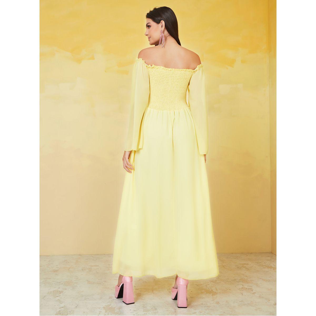 Styli Off Shoulder Shirred Bell Sleeve Chiffon Maxi Dress-women-clothing-dresses-image-4