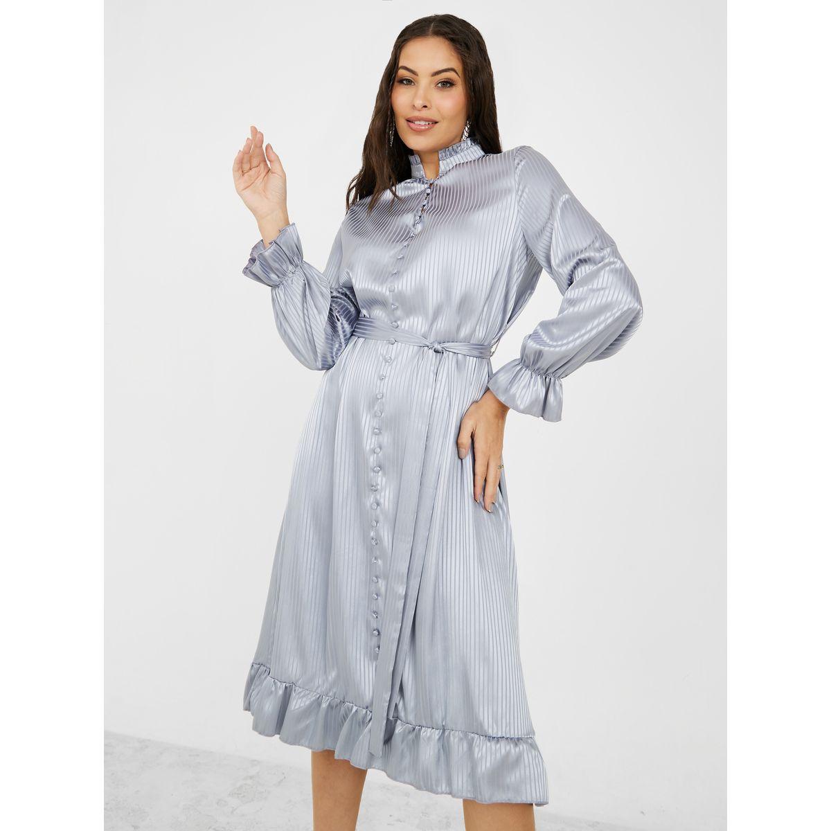 Styli Striped Jacquard Button Detail Midi Dress-women-clothing-dresses-image-1