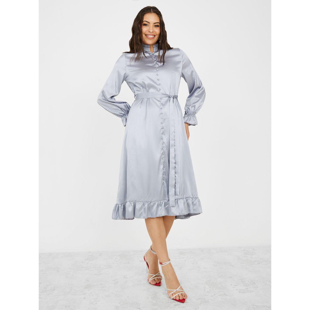 Styli Striped Jacquard Button Detail Midi Dress-women-clothing-dresses-image-2