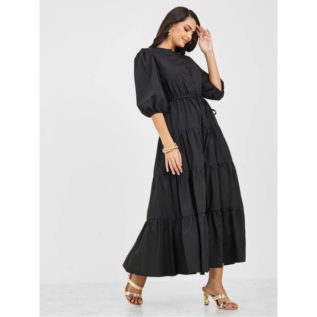Styli Button Detail Tiered Maxi Dress with Self Tie-women-clothing-dresses-image-1