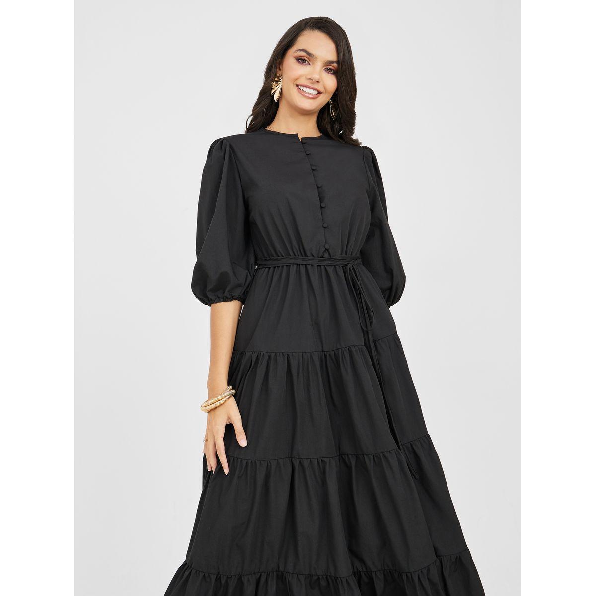 Styli Button Detail Tiered Maxi Dress with Self Tie-women-clothing-dresses-image-2