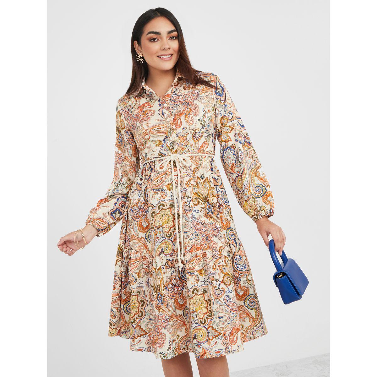 فستان ميدي مطبع بطبعة بيزلي-women-clothing-dresses-image-1