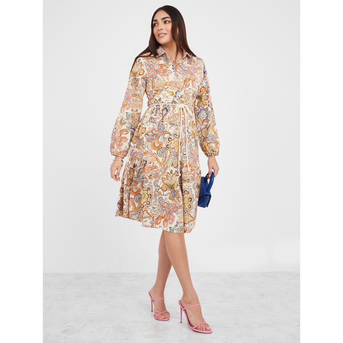 Styli Paisley Print Shirt Midi Dress with Button Closure-women-clothing-dresses-image-2
