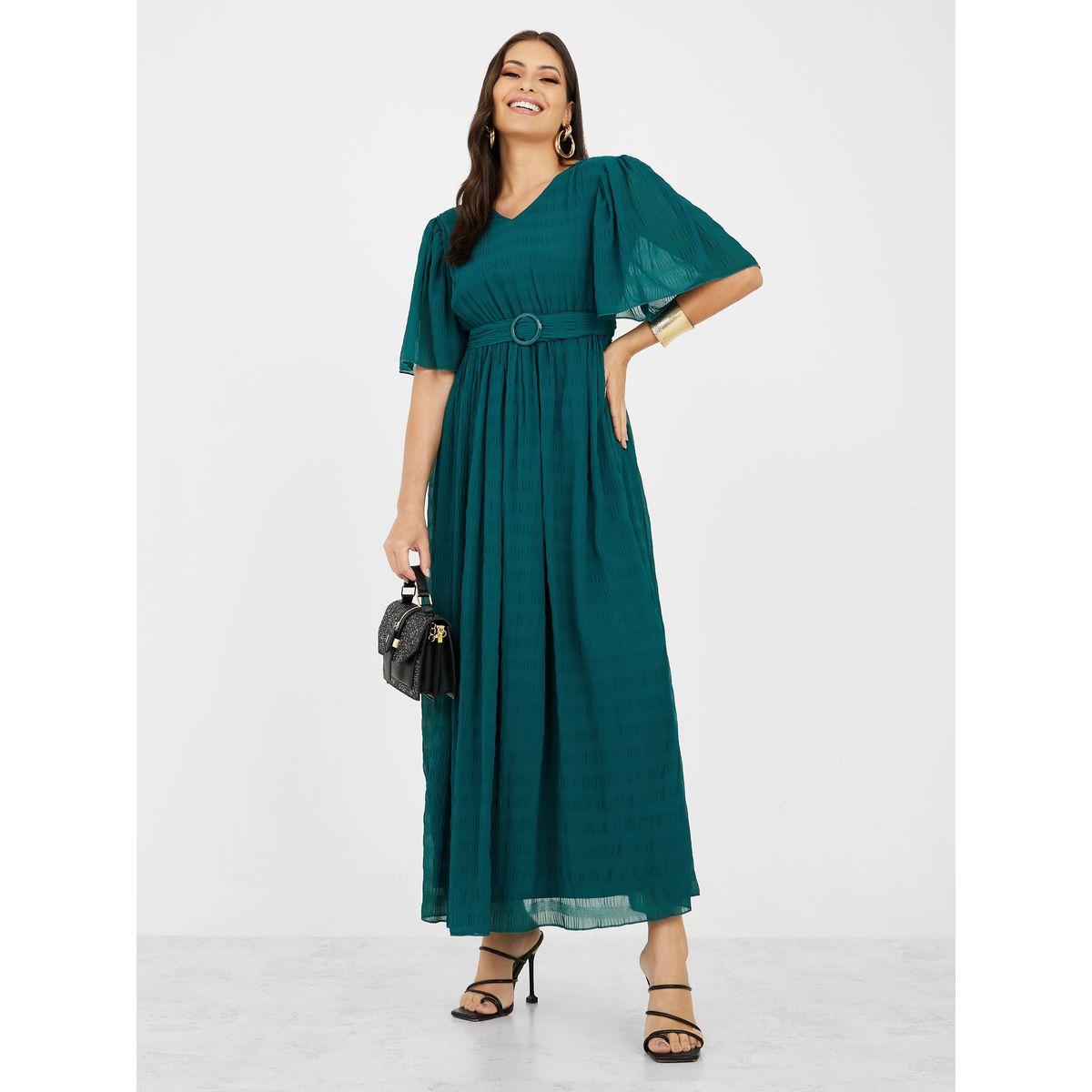 Styli V Neck Textured Maxi Dress with Belt-women-clothing-dresses-image-1