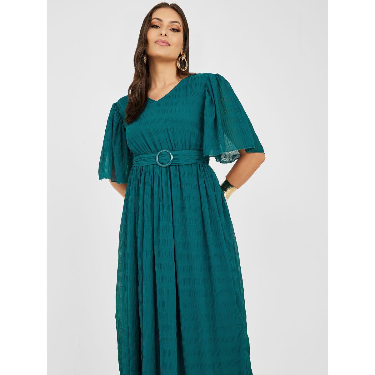 Styli V Neck Textured Maxi Dress with Belt-women-clothing-dresses-image-2