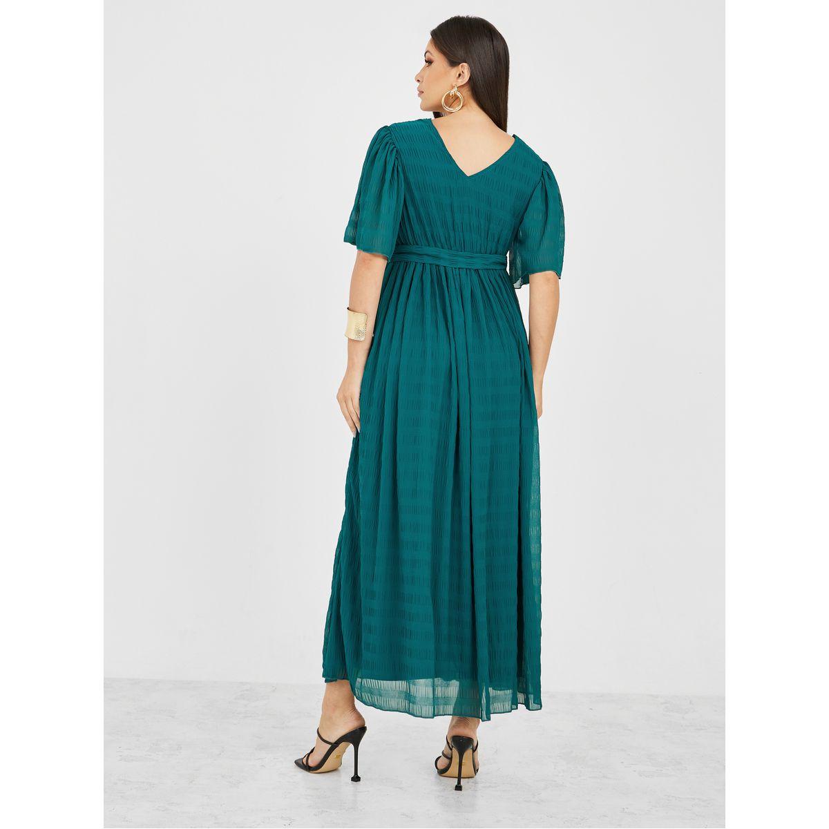 Styli V Neck Textured Maxi Dress with Belt-women-clothing-dresses-image-4