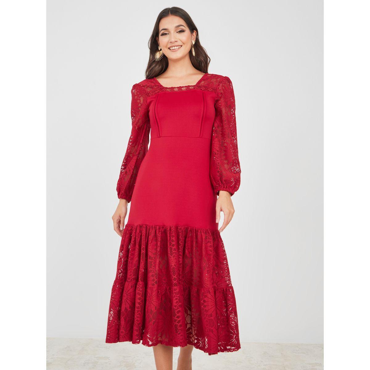 Styli Lace Insert Back Tie Detail A-Line Midi Dress-women-clothing-dresses-image-1