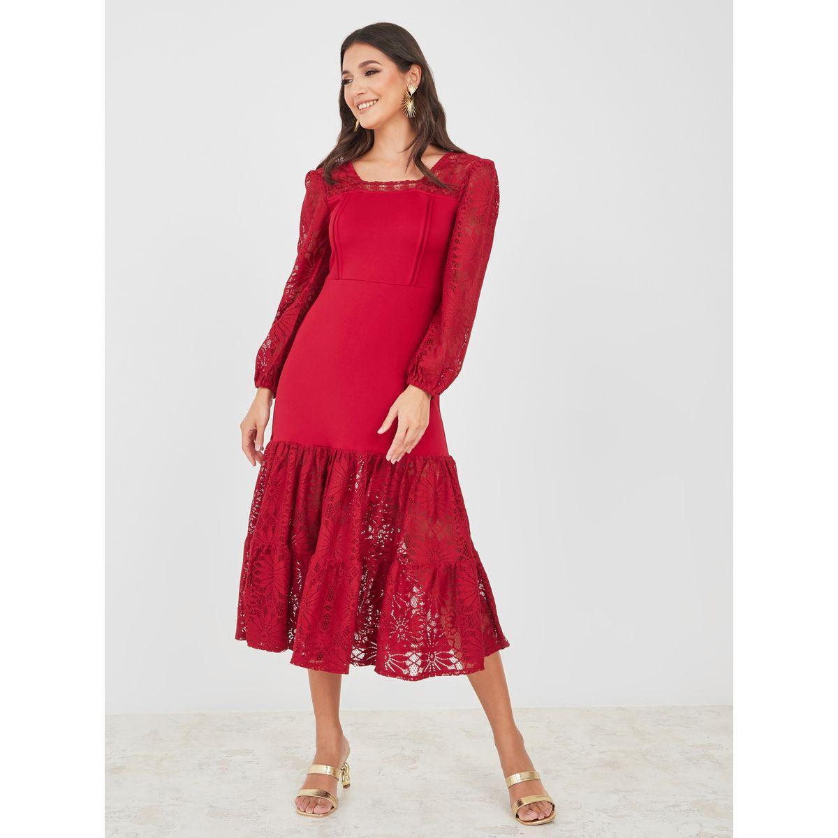 Styli Lace Insert Back Tie Detail A-Line Midi Dress-women-clothing-dresses-image-2