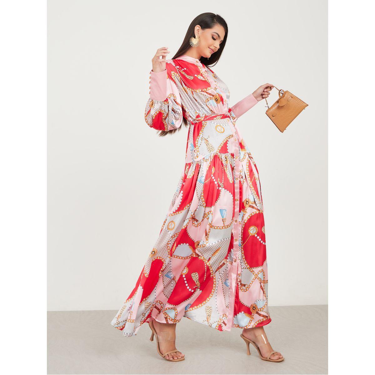 Styli Chain AOP Shirt Maxi Dress with Self Tie-women-clothing-dresses-image-1