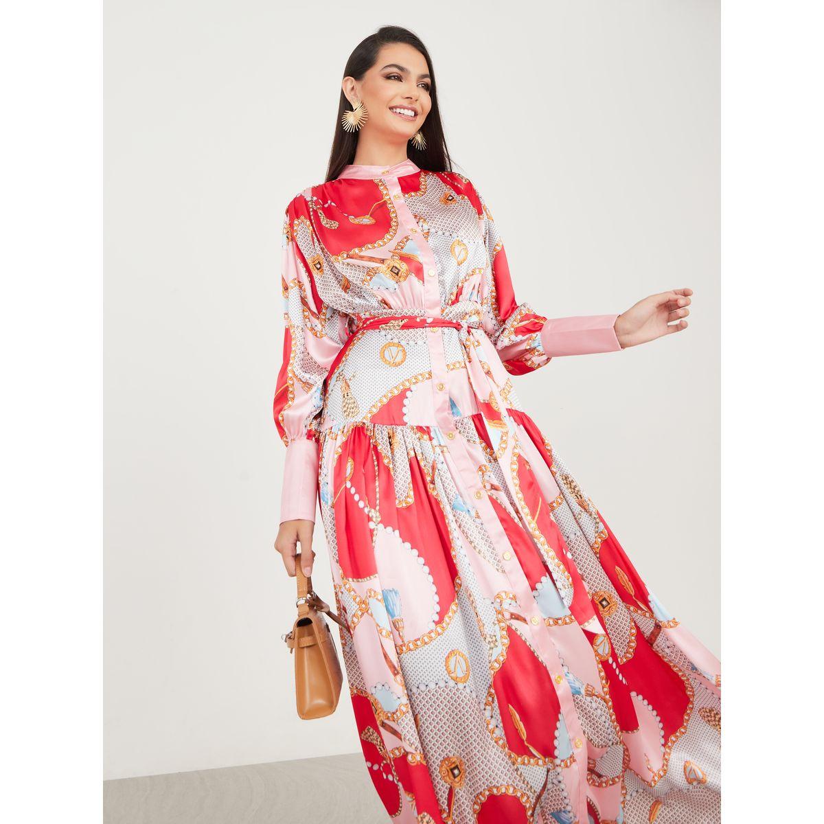 Styli Chain AOP Shirt Maxi Dress with Self Tie-women-clothing-dresses-image-2
