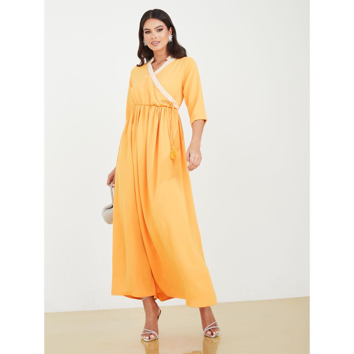 Styli 3/4 Sleeve Beaded Trim A-Line Maxi Dress-women-clothing-dresses-image-1