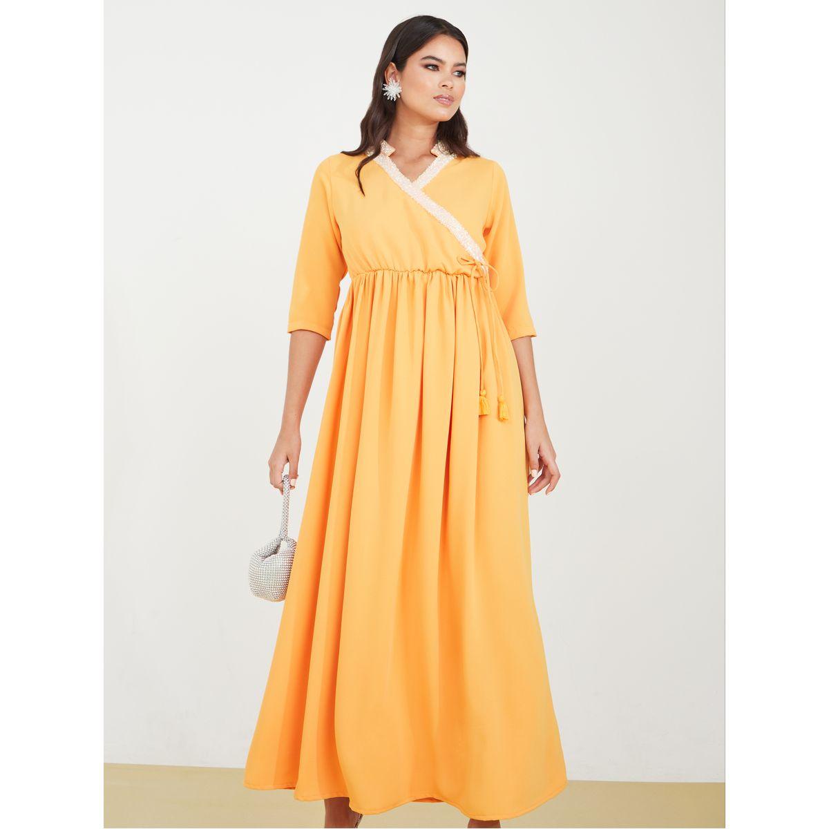 Styli 3/4 Sleeve Beaded Trim A-Line Maxi Dress-women-clothing-dresses-image-2