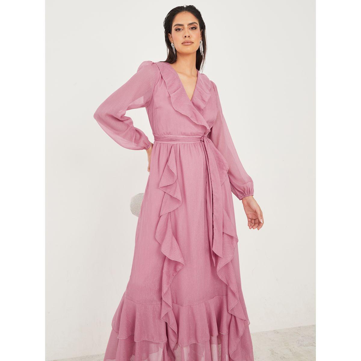 فستان طويل مزين بكشكش-women-clothing-dresses-image-2