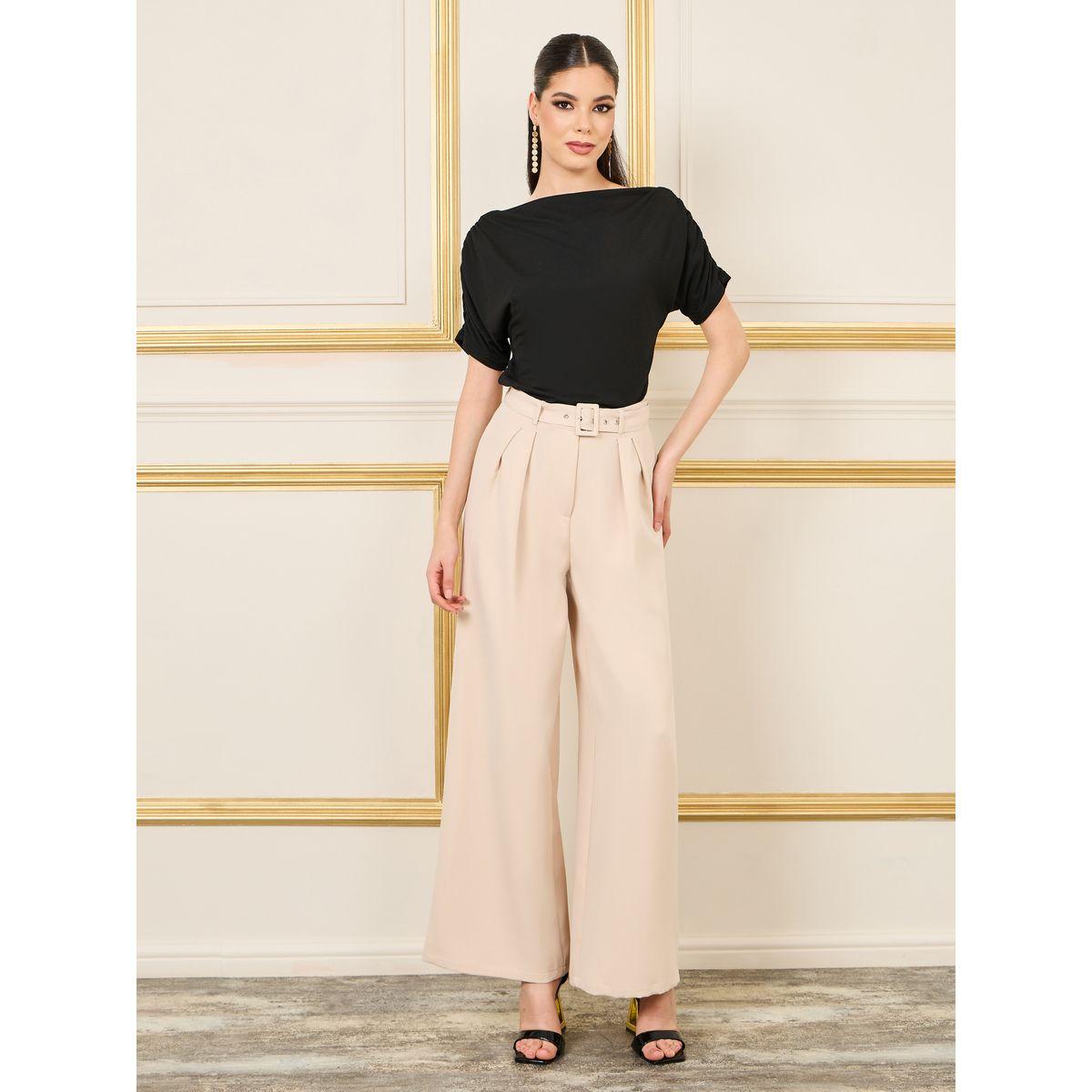 بنطال بحواف واسعة وكسرات مع حزام-women-clothing-bottoms-trousers-image-2