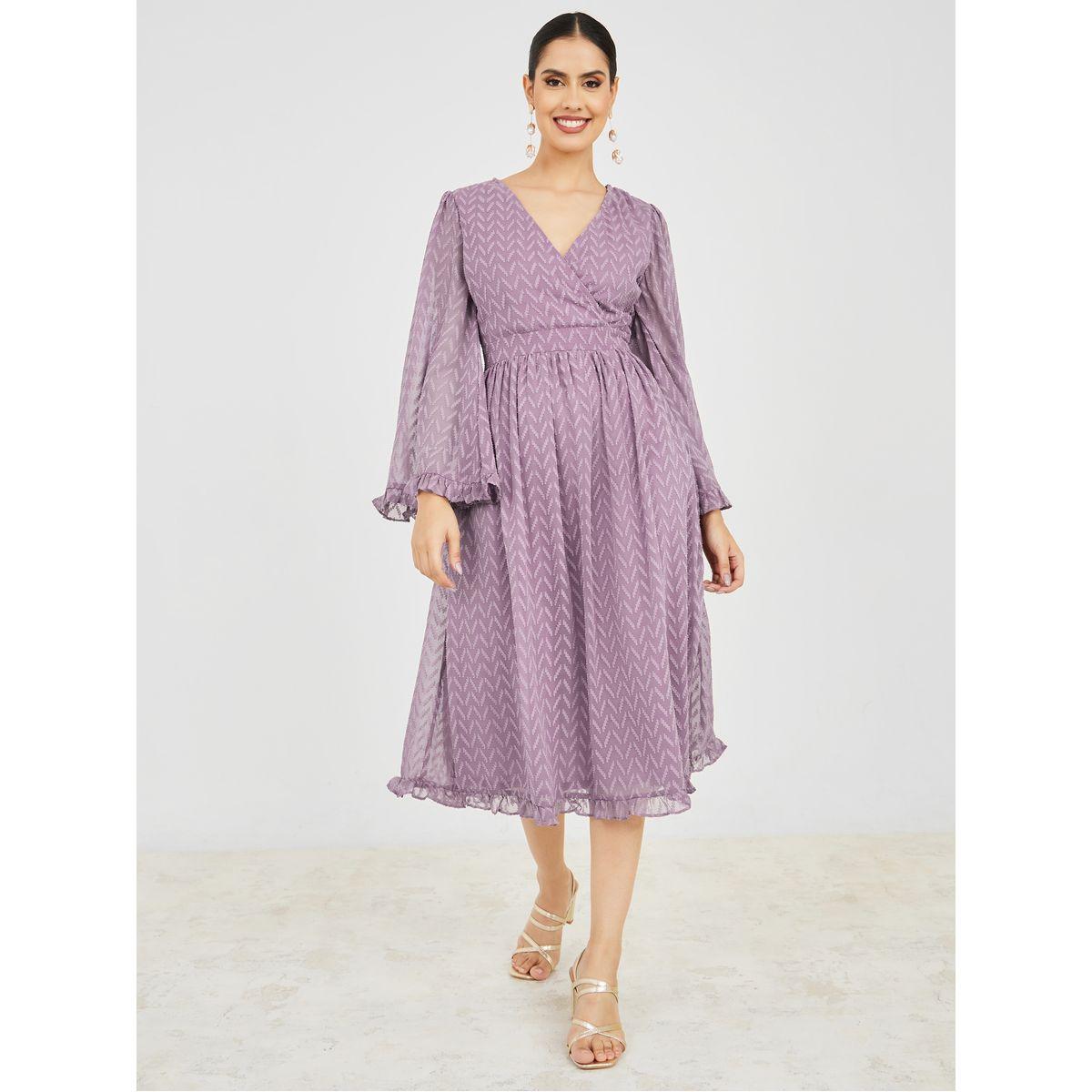 Styli Flute Sleeve Self Design A-Line Midi Dress-women-clothing-dresses-image-2