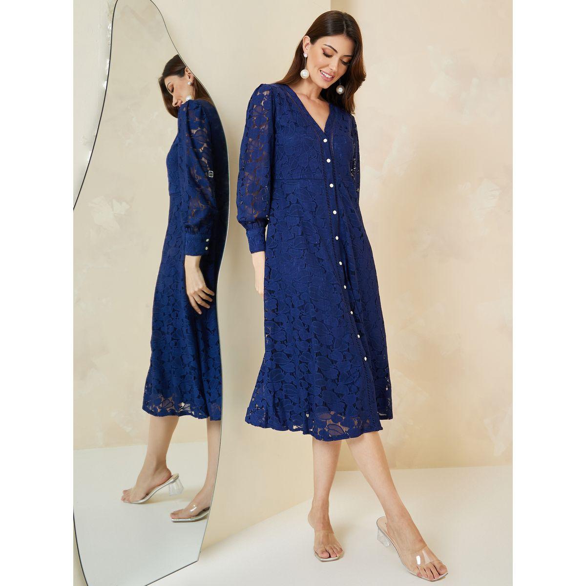 Styli V Neck Lace Insert A-Line Midi Dress-women-clothing-dresses-image-1