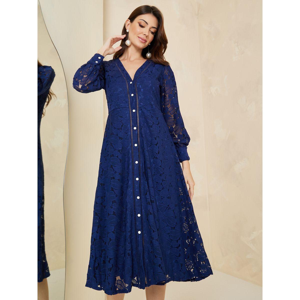 Styli V Neck Lace Insert A-Line Midi Dress-women-clothing-dresses-image-2